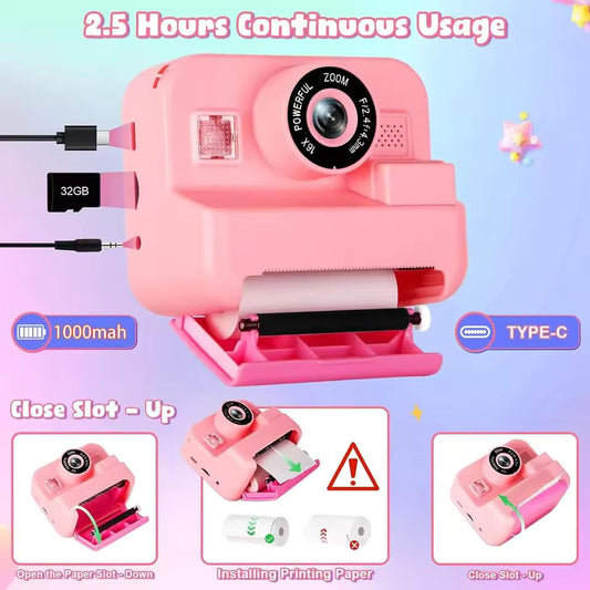 Digital Children Instant Print Camera, Video Recording, with 32G Card and Thermal Printing, Kids Educational Toy Gift